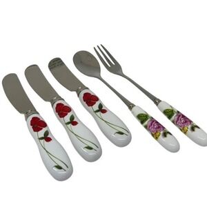 VTG Stainless Steel Flatware Set Floral Porcelain Handles 3-Pc Knife Fork Spoon